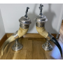 Pair of ornamental bull antlers with silver bases and cover. S.:XX
